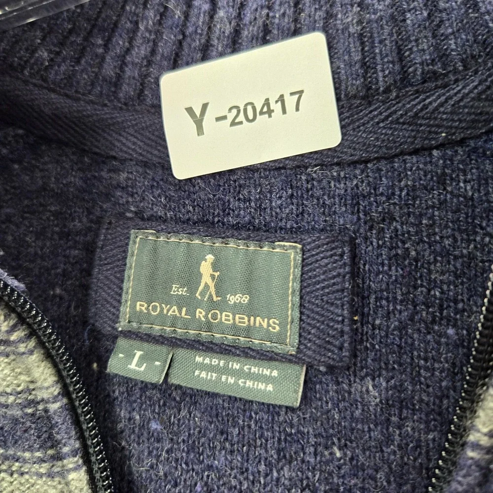 Royal Robbins Men Sweater Large Blue Striped Wool Blend 1/4 Zip‎ Mock Neck
